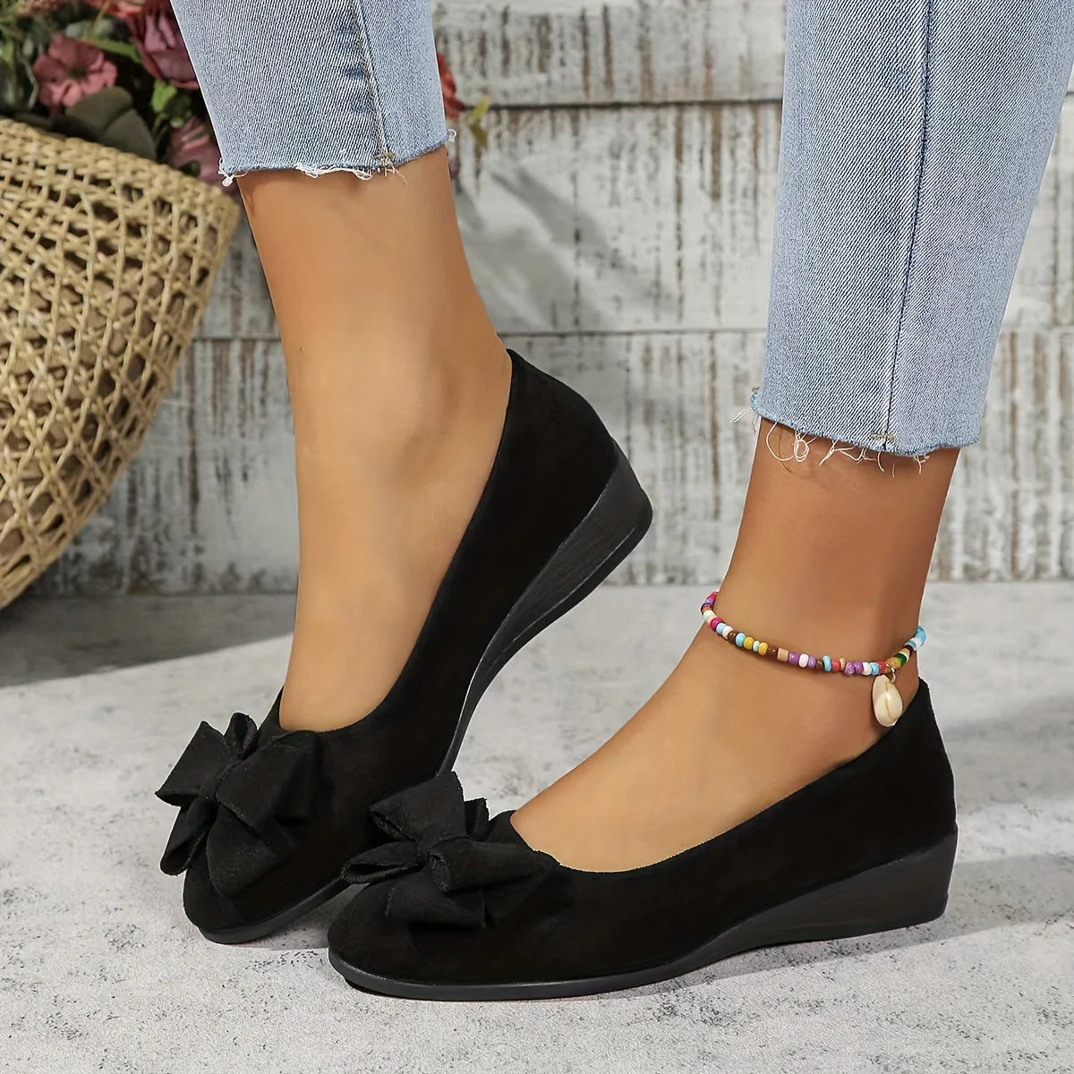 Maisie | Women's Wedge Ballet Flats Bow Detail Suede Slip On Shoes - Image 3