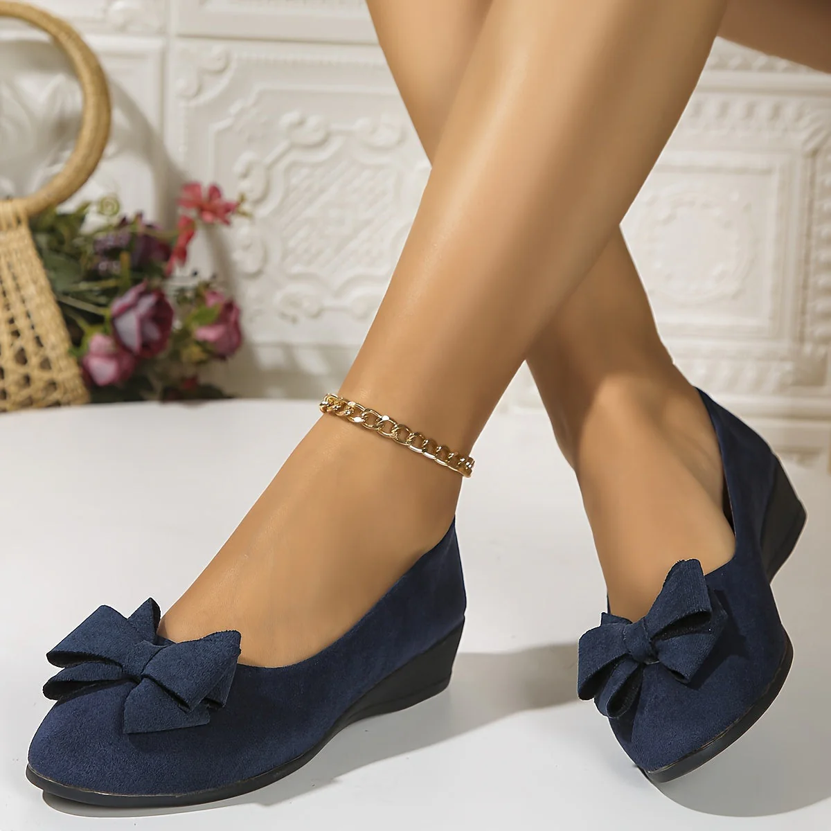 Maisie | Women's Wedge Ballet Flats Bow Detail Suede Slip On Shoes - Image 4