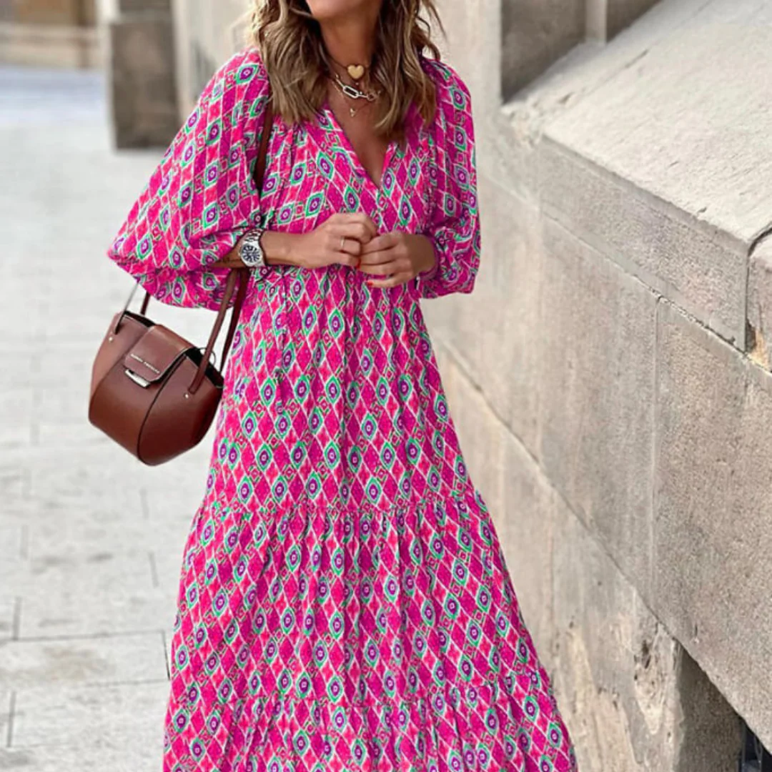 Margot | Women's V-Neck Puff Sleeve Boho Floral Maxi Dress - Image 14