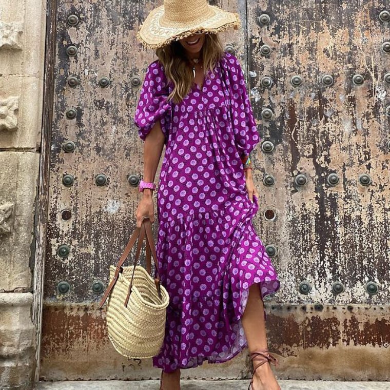 Margot | Women's V-Neck Puff Sleeve Boho Floral Maxi Dress - Image 2