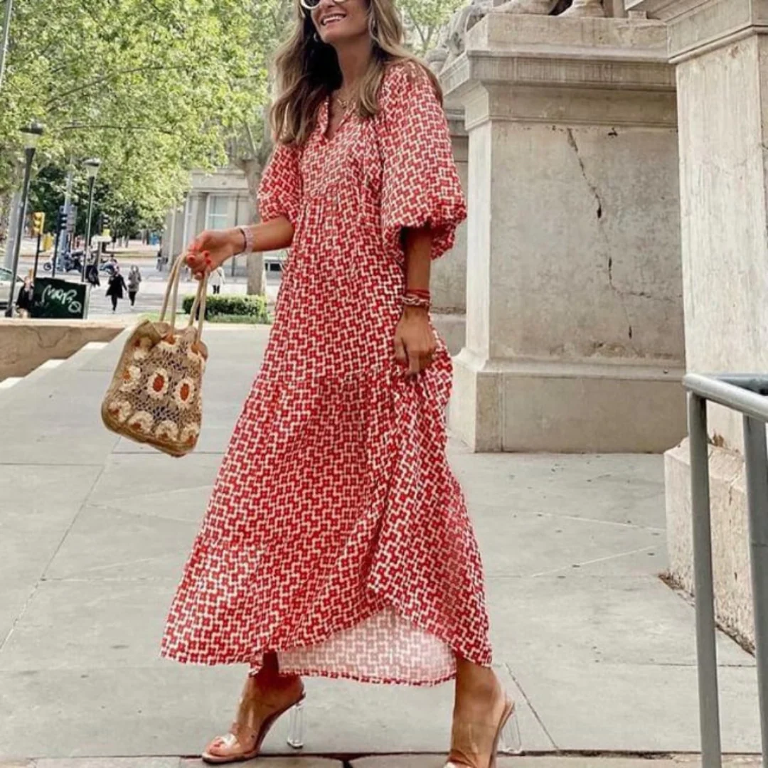 Margot | Women's V-Neck Puff Sleeve Boho Floral Maxi Dress - Image 24