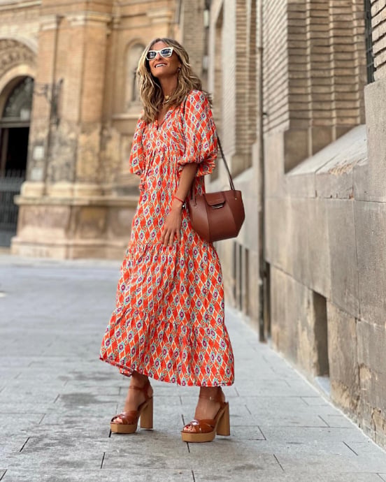 Margot | Women's V-Neck Puff Sleeve Boho Floral Maxi Dress - Image 9