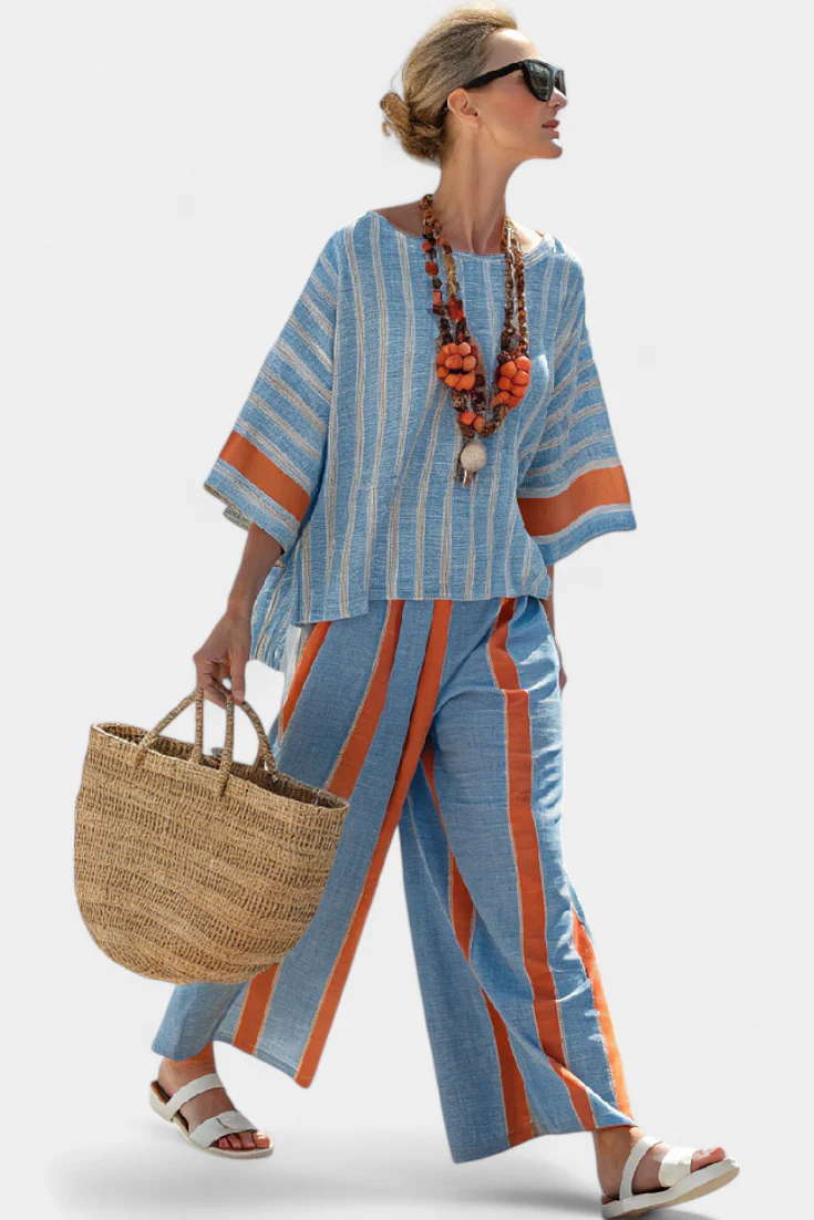 Marina | Women's Striped Top Wide Leg Pants Two-Piece Set - Image 4