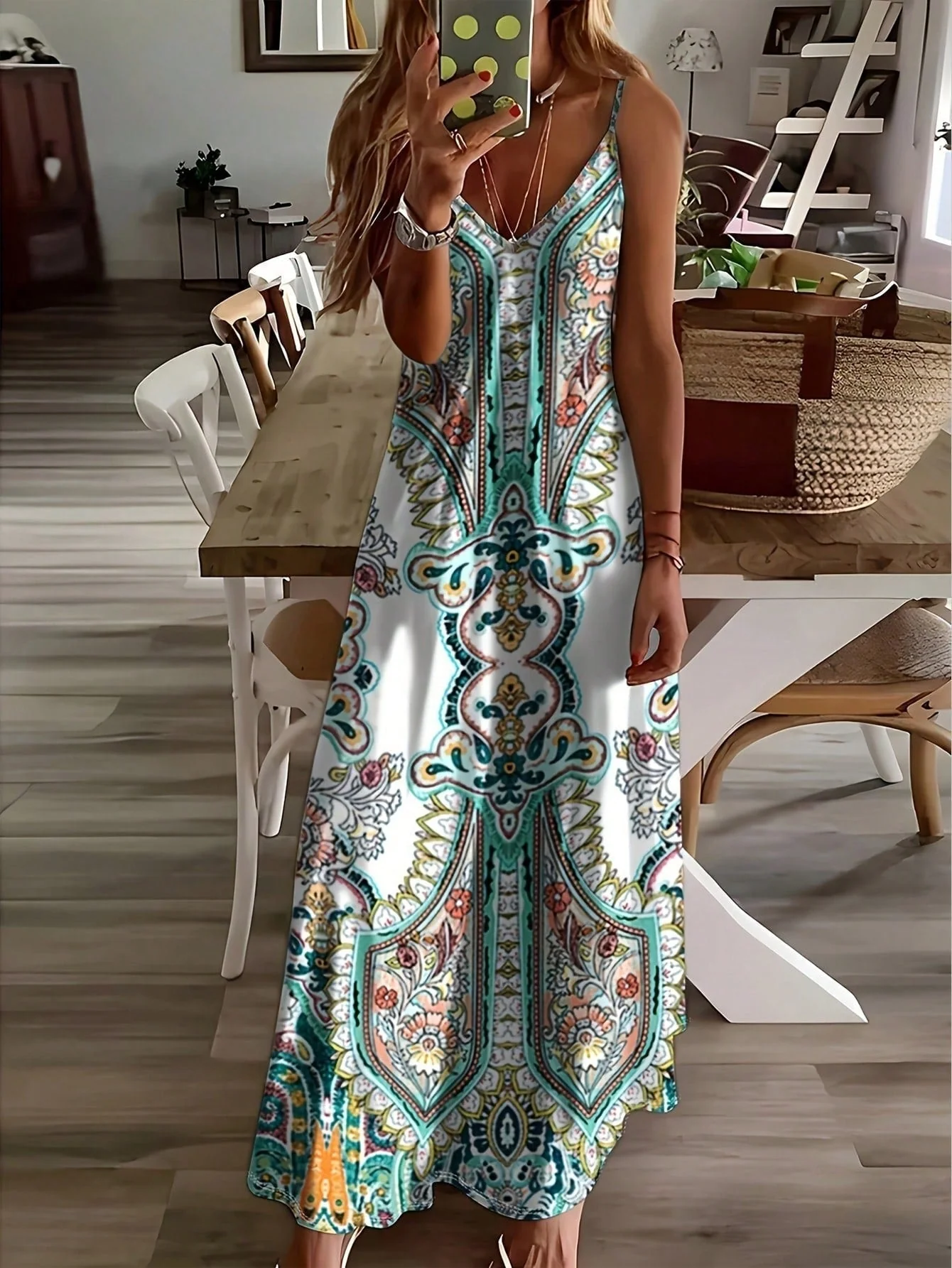 Maya | Women's Mandala Print V-Neck Spaghetti Strap Maxi Dress - Image 2