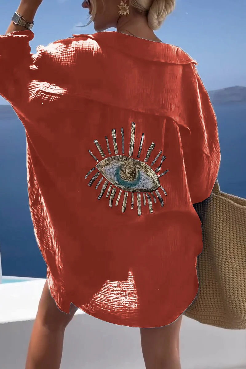 Maya | Women's Oversized Lightweight Shirt Evil Eye Embroidery Button Up - Image 5