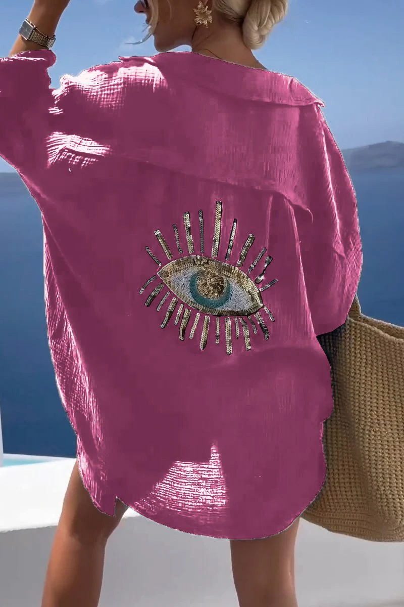 Maya | Women's Oversized Lightweight Shirt Evil Eye Embroidery Button Up - Image 6