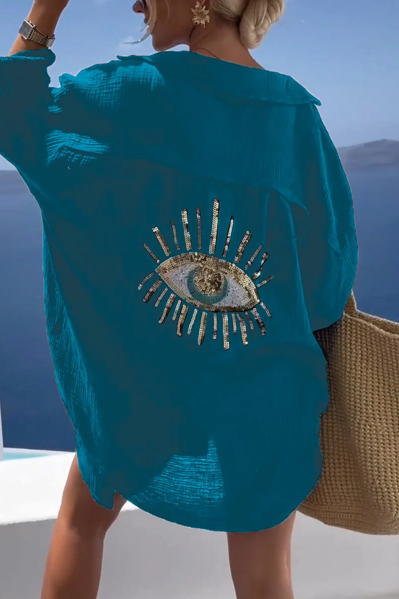 Maya | Women's Oversized Lightweight Shirt Evil Eye Embroidery Button Up - Image 8