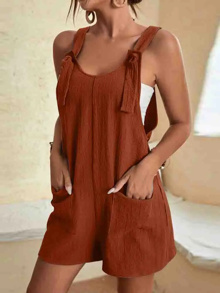 Poppy | Women's Tie Strap Sleeveless Linen Romper with Pockets - Image 6