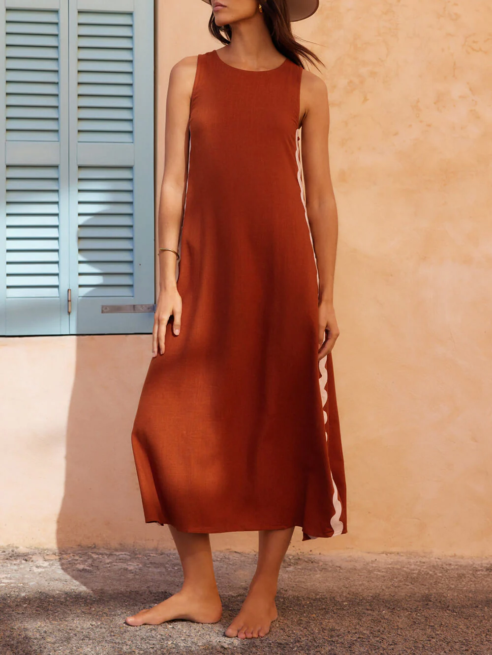 Mila | Women's Sleeveless Midi Dress Wave Trim Side Slit - Image 2