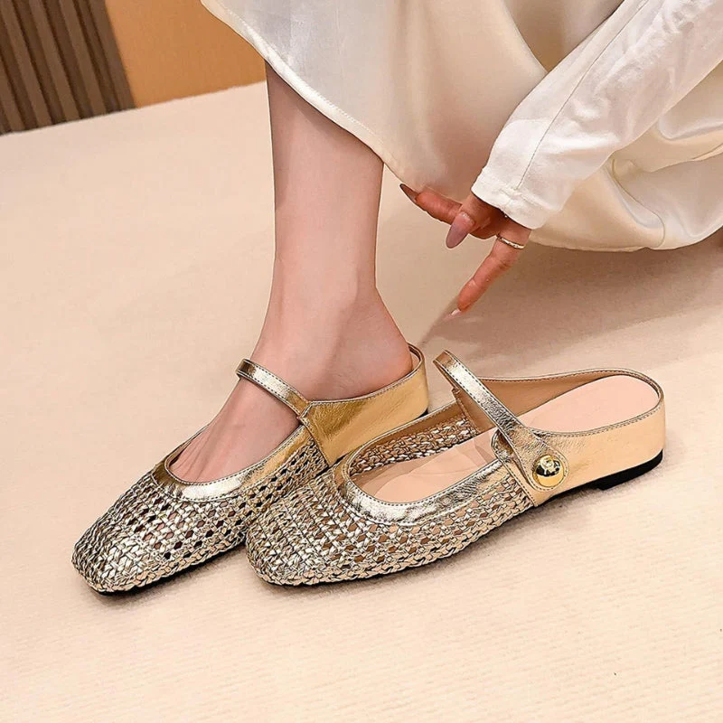 Mira | Women's Woven Mule Flats Mary Jane Strap Slip-On Shoes - Image 2