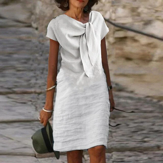 Nina | Women's Linen Blend Midi Dress with Draped Neckline Detail - Image 2