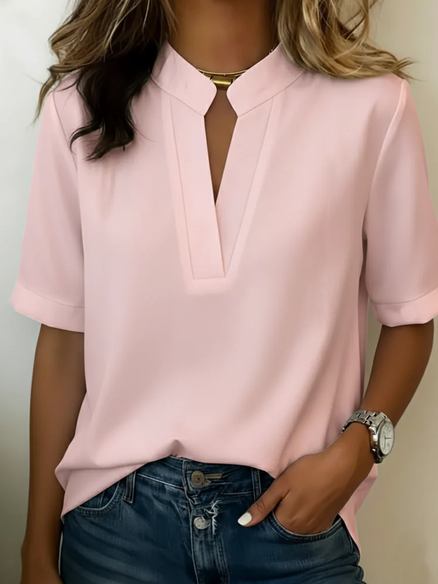 Nina | Women's V-Neck Short Sleeve Chiffon Blouse Gold Detail - Image 5