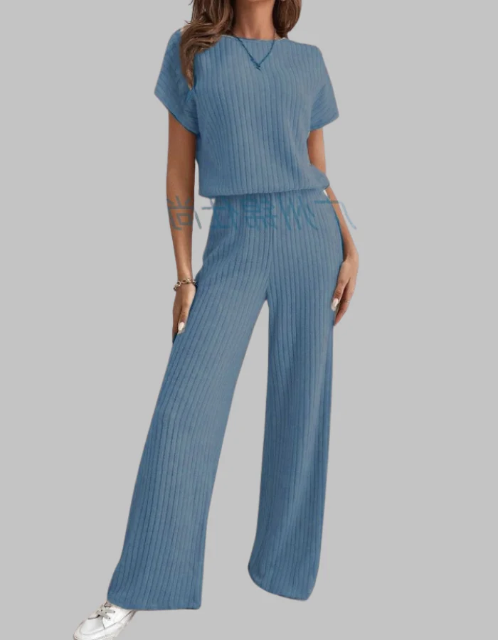 Nora | Women's Ribbed Short Sleeve Top and Wide Leg Pants Set - Image 3