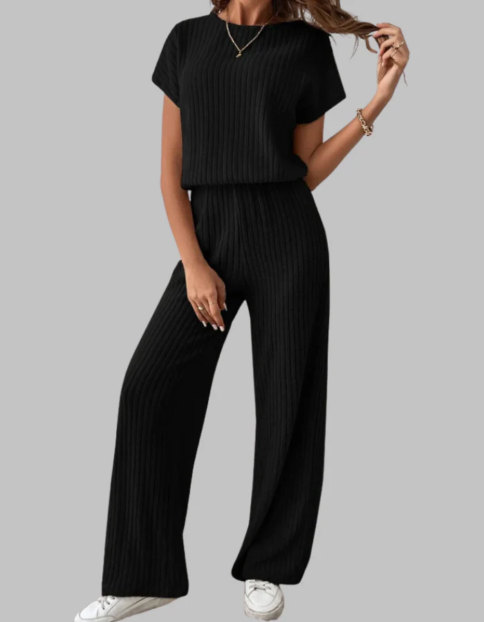 Nora | Women's Ribbed Short Sleeve Top and Wide Leg Pants Set - Image 6