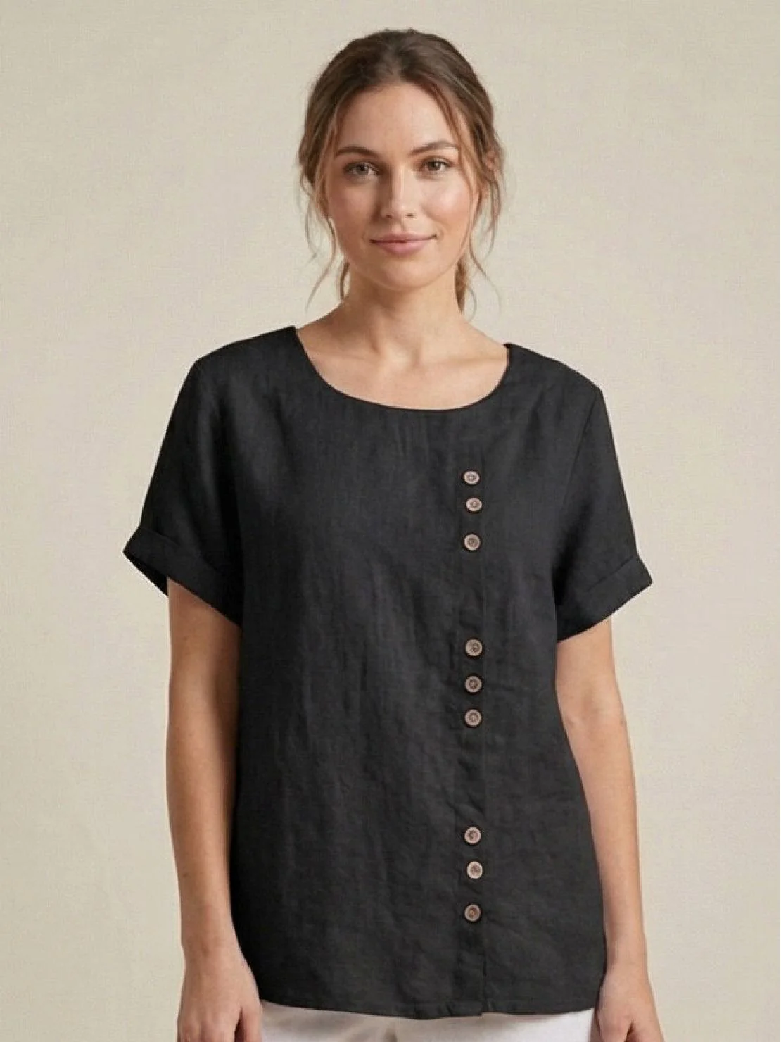 Olive | Women's Casual Tee Short Sleeve Scoop Neck Button Detail Top - Image 10
