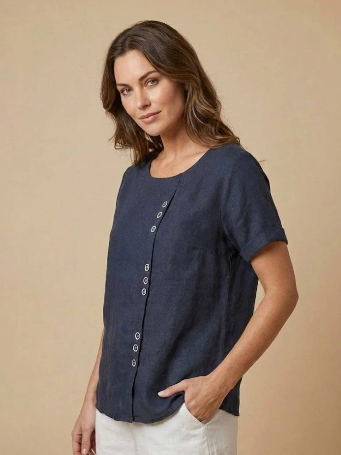 Olive | Women's Casual Tee Short Sleeve Scoop Neck Button Detail Top - Image 28