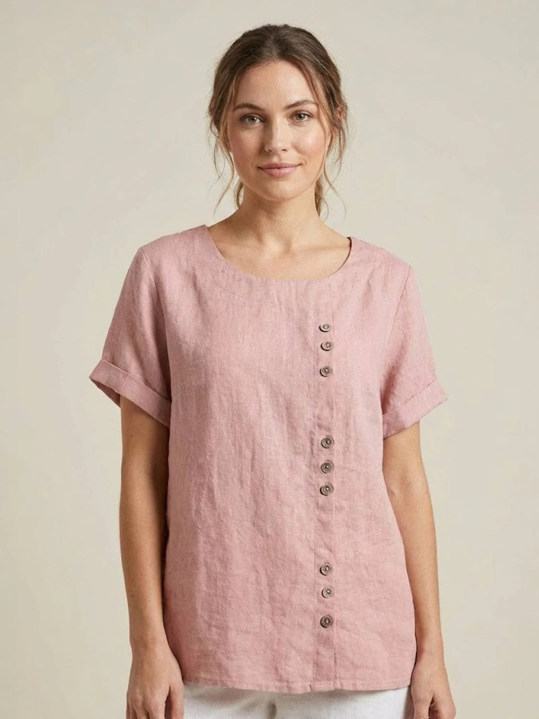 Olive | Women's Casual Tee Short Sleeve Scoop Neck Button Detail Top - Image 5