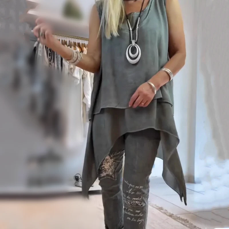 Oriane | Women's Two-Piece Set Asymmetric Sleeveless Top & Printed Trousers - Image 7