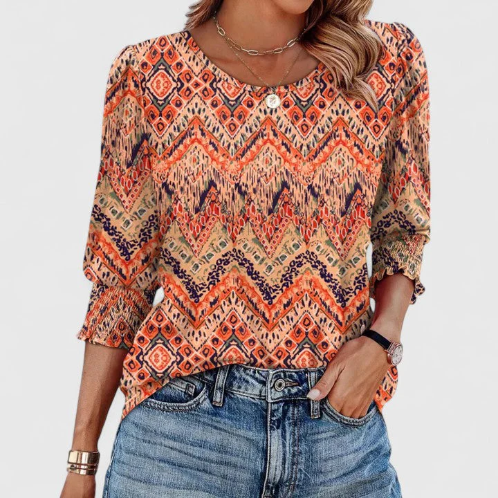 Petal | Women's Smocked Cuff 3/4 Sleeve Top Round Neck - Image 9