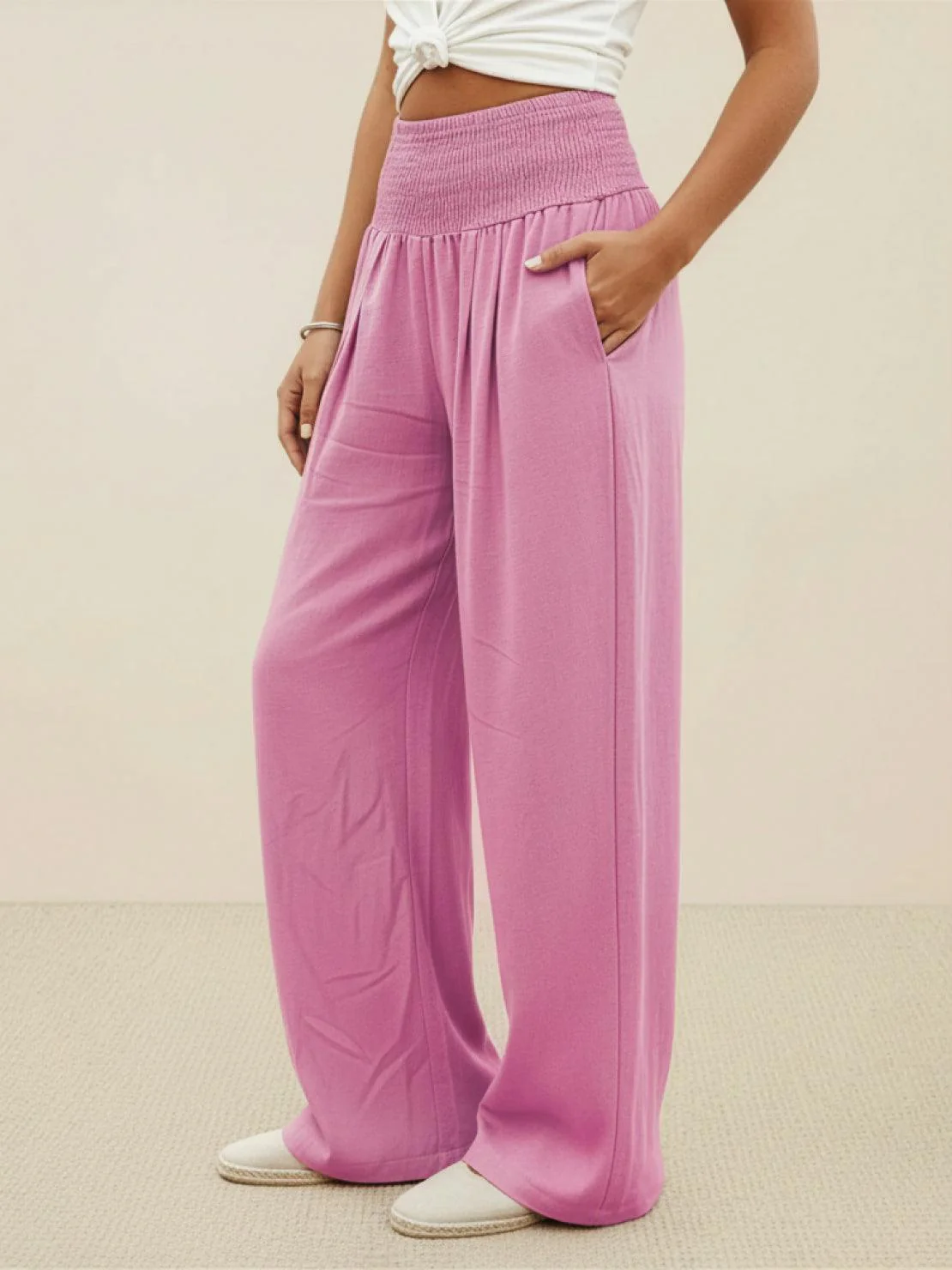Petra | Women's Wide Leg Pants High Waist Smocked Palazzo Trousers - Image 12