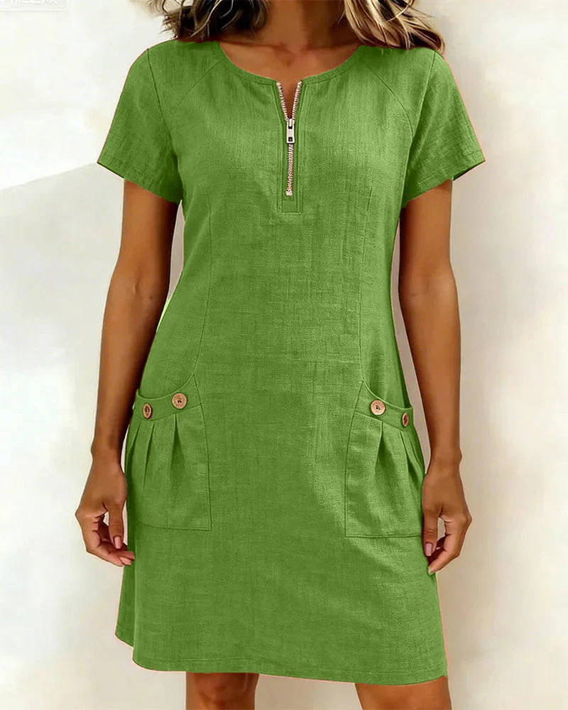 Pippa | Women's Linen Short Sleeve Zip Neck A-Line Mini Dress - Image 13