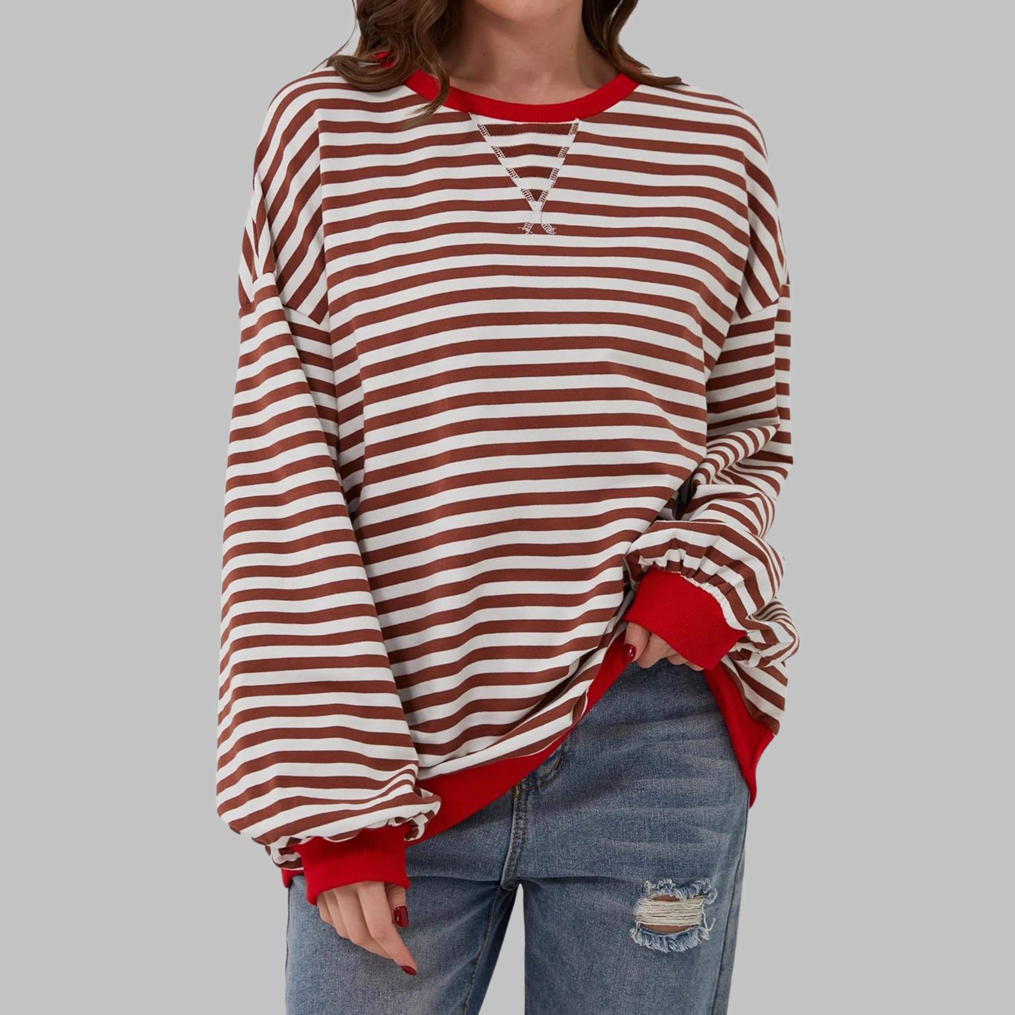 Remi | Women's Oversized Striped Long Sleeve Crew Neck Sweatshirt - Image 8