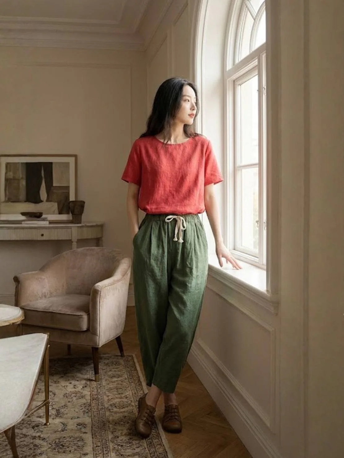 River | Women's Linen Drawstring Pants Relaxed Tapered Fit - Image 28