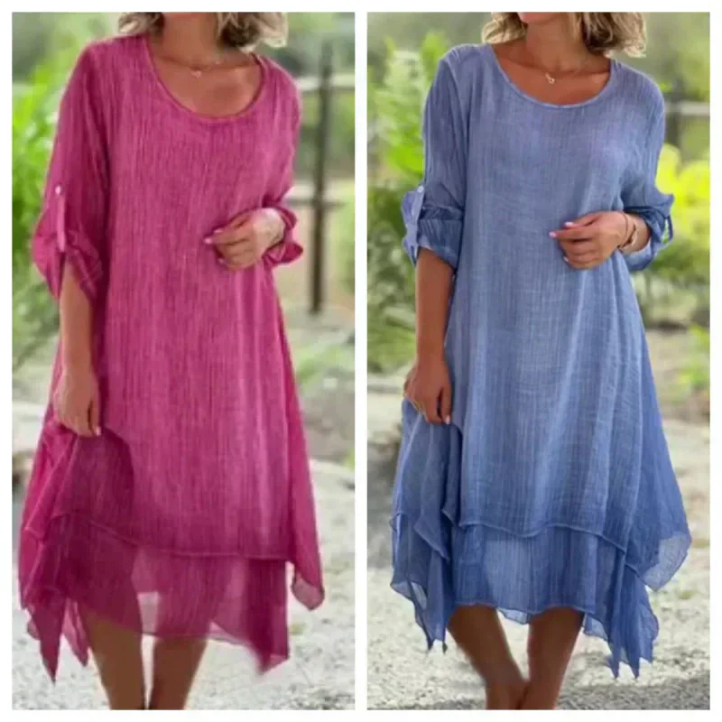 Rosa | Women's Layered Lace Hem Midi Dress 3/4 Sleeve Relaxed - Image 3