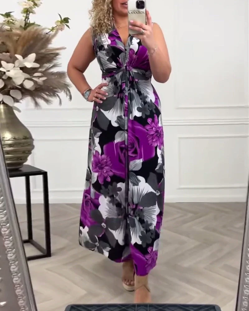 Sacha | Women's Floral Print Sleeveless Maxi Dress V-Neck Pleated Summer Dress - Image 3