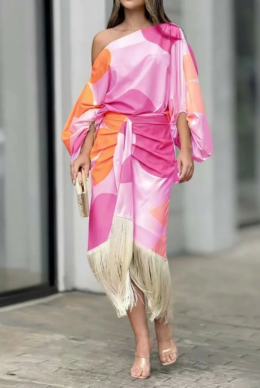 Saskia | Women's One Shoulder Fringe Midi Set - Image 5