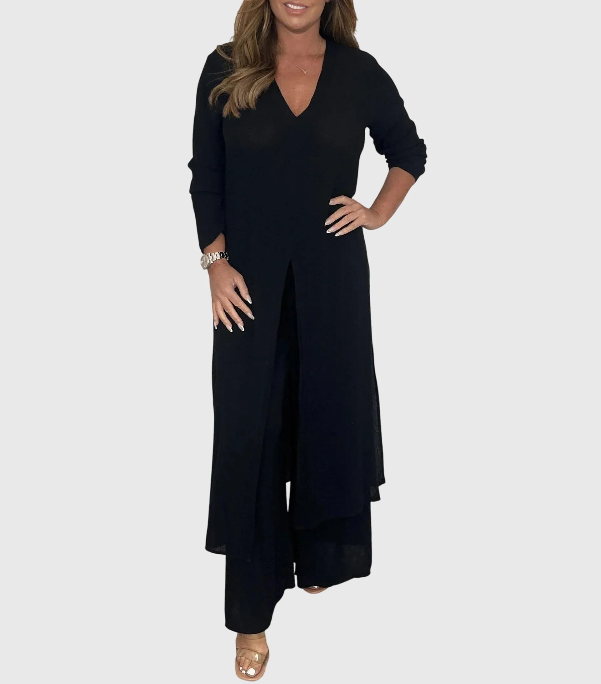 Serena | Women's Longline Cardigan Wide Leg Trousers Two-Piece Set - Image 3