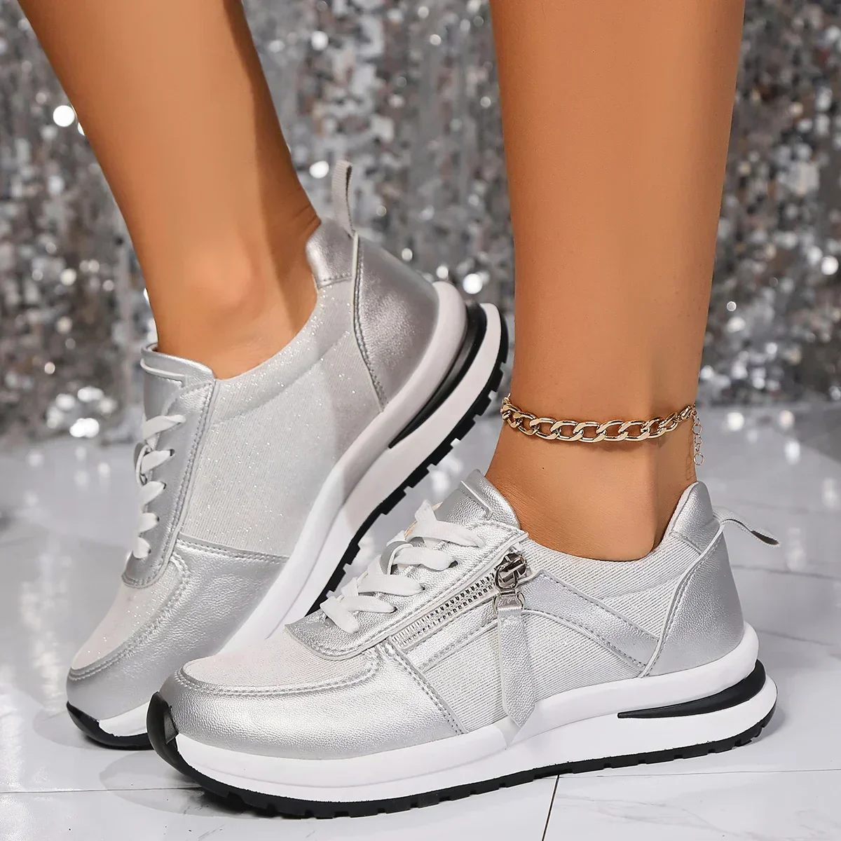 Sienna | Women's Metallic Lace Up Side Zip Platform Sneakers - Image 13