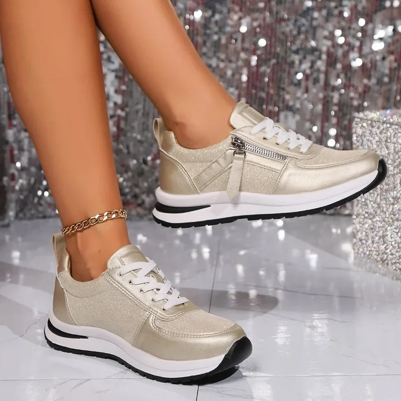 Sienna | Women's Metallic Lace Up Side Zip Platform Sneakers - Image 2