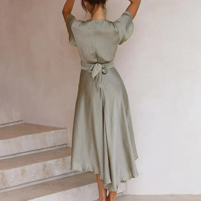 Sienna | Women's Satin Wrap Midi Dress with Flutter Sleeves - Image 5