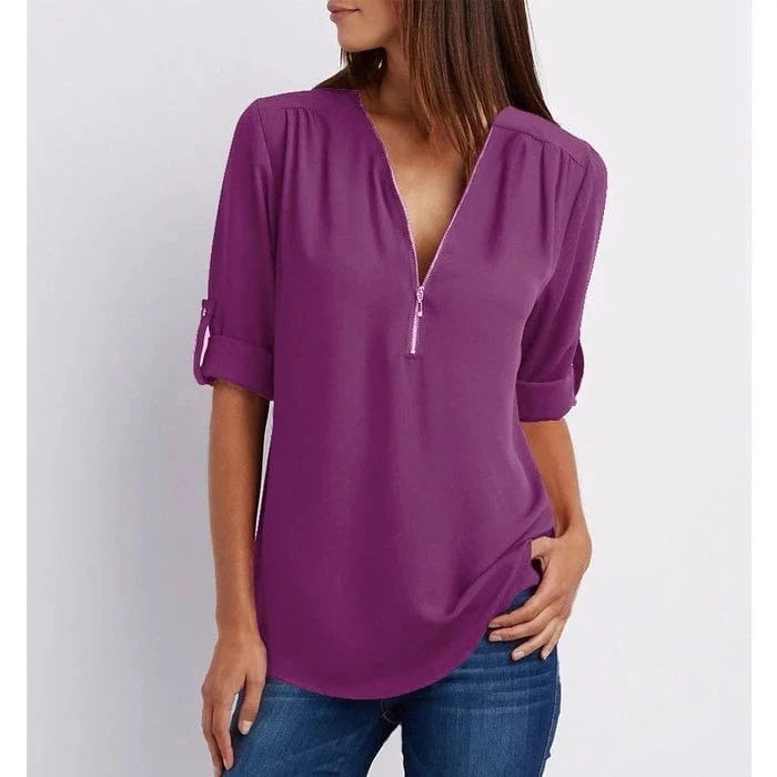 Sophie | Women's Zip V-Neck 3/4 Sleeve Blouse Casual Top - Image 5