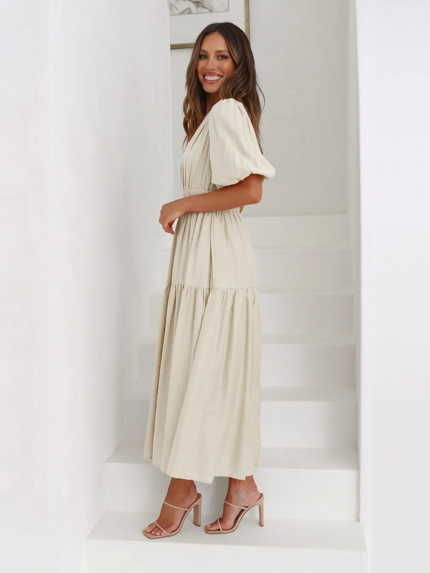 Stella | Women's Puff Sleeve V-Neck Tieared Midi Dress - Image 10