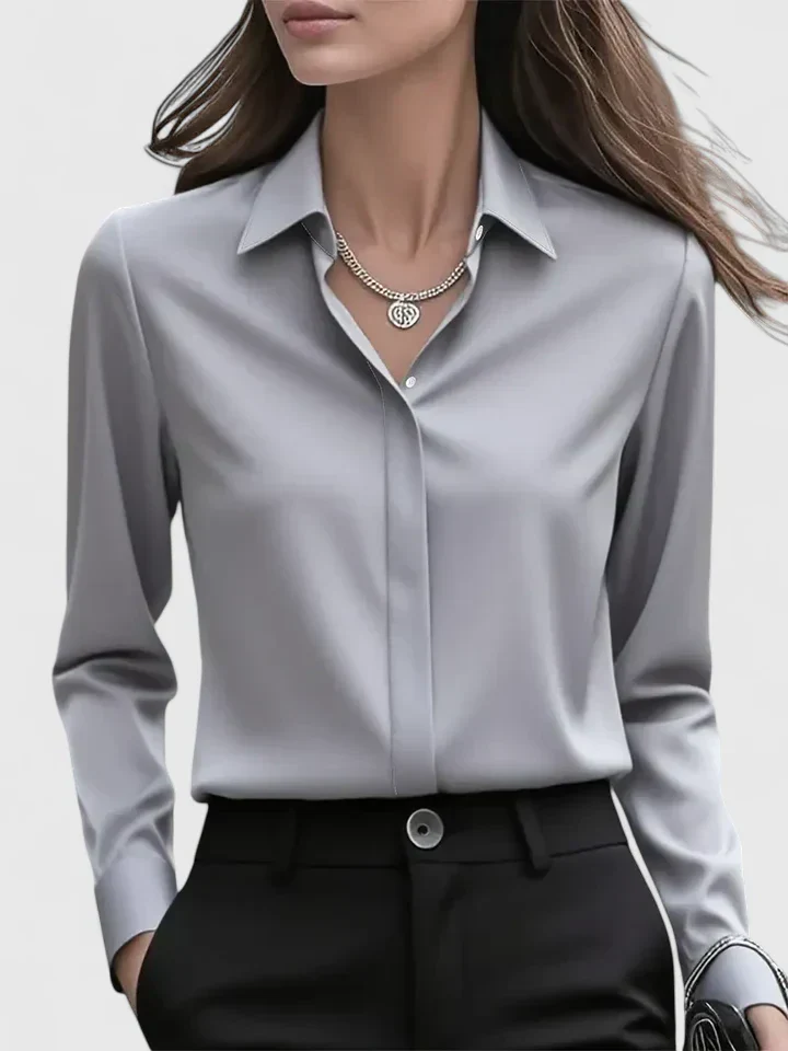 Stella | Women's Satin Button Down Shirt Long Sleeve Collar - Image 7