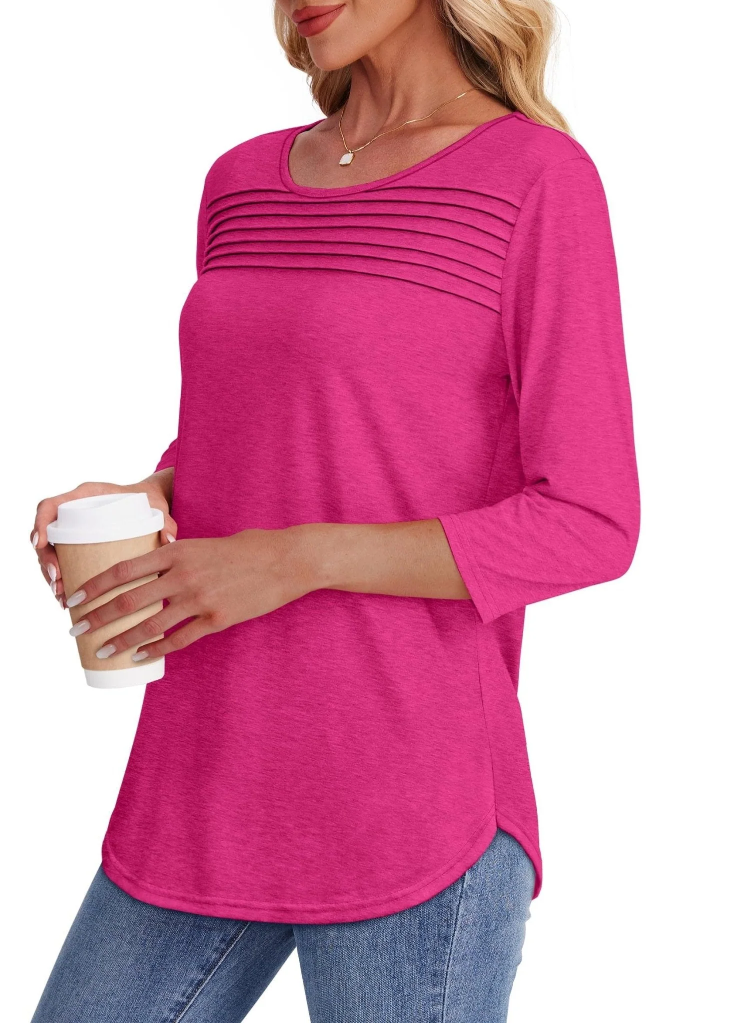 Tessa | Women's 3/4 Sleeve Pleated Top Scoop Neck Casual Everyday Top - Image 2