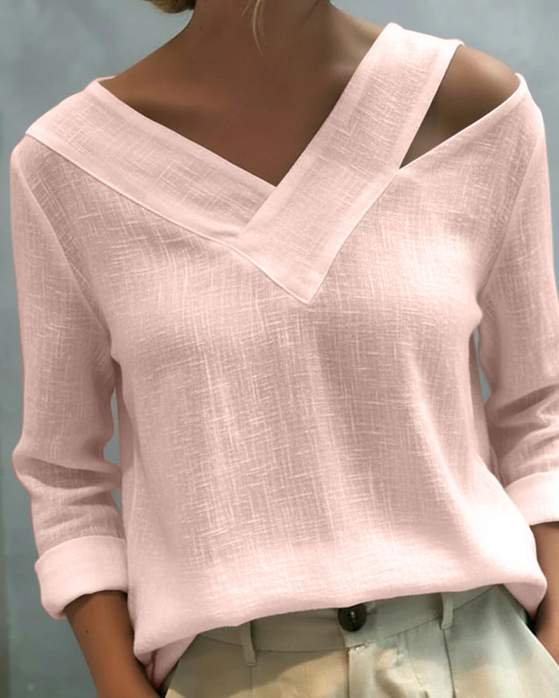 Vera | Women's Asymmetric V-Neck Long Sleeve Linen Look Top - Image 7