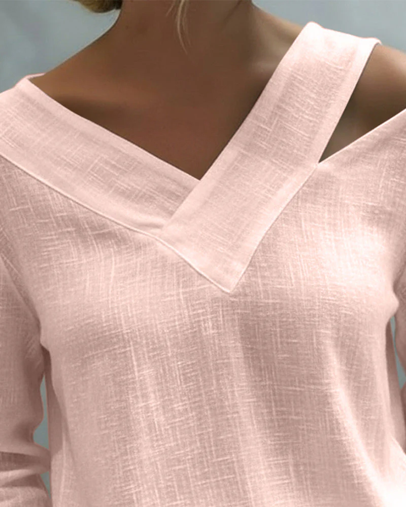 Vera | Women's Asymmetric V-Neck Long Sleeve Linen Look Top - Image 8