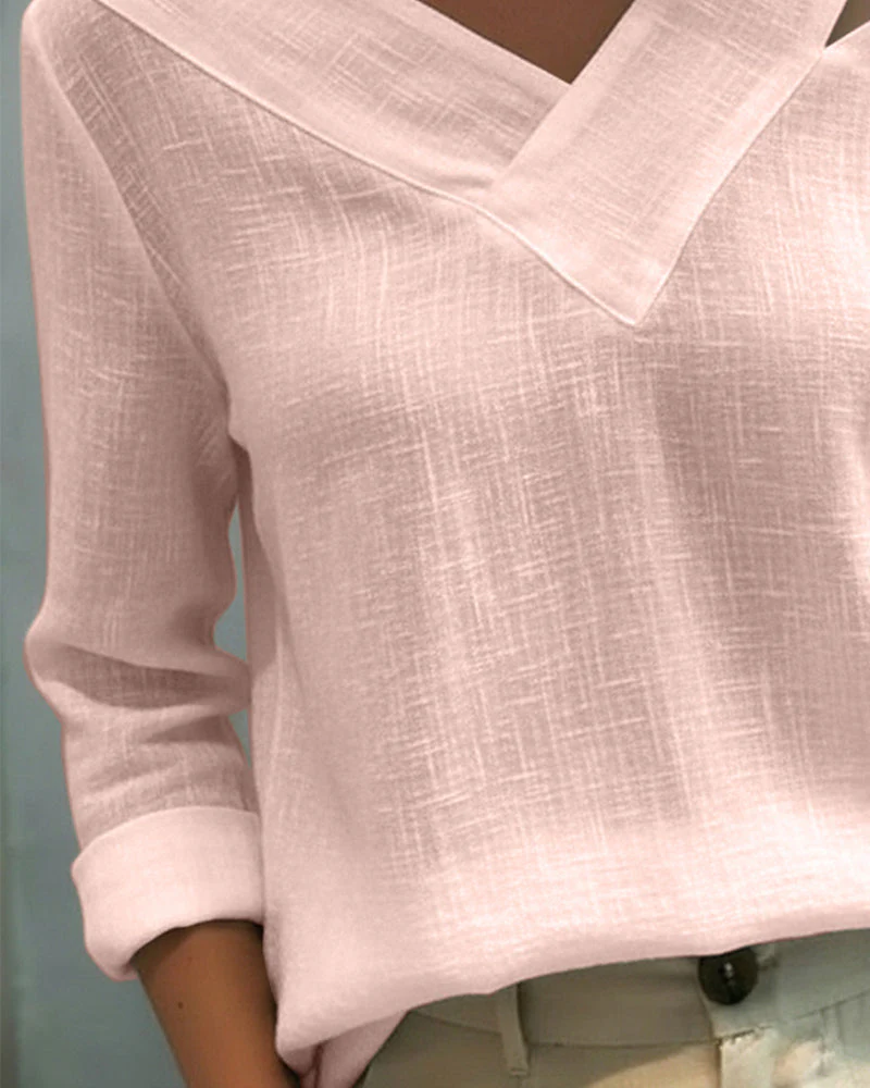 Vera | Women's Asymmetric V-Neck Long Sleeve Linen Look Top - Image 9