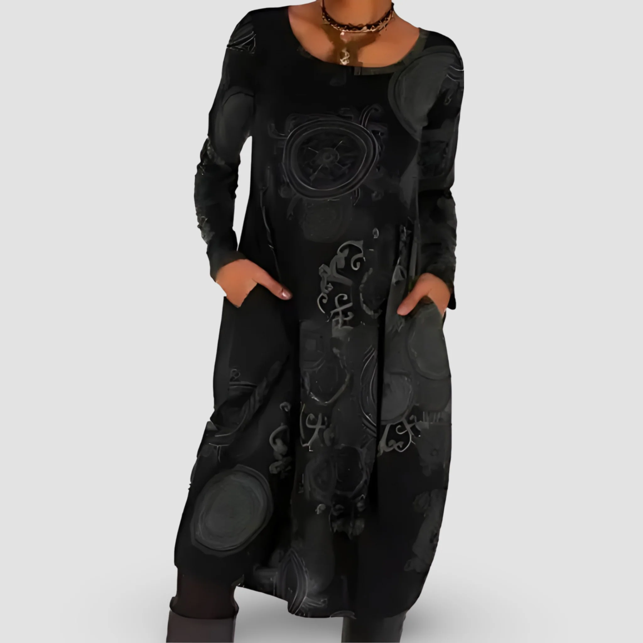Vera | Women's Long Sleeve Midi Dress Printed Swing Dress with Pockets - Image 4