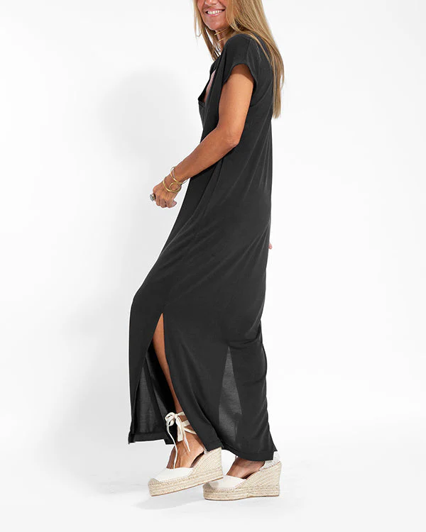 Vera | Women's V-Neck Short Sleeve Maxi Dress Side Slit Loose - Image 5