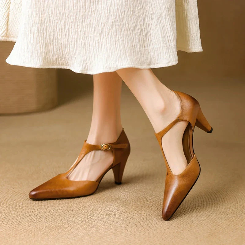 Vivian | Women's T-Strap Mid Heel Pumps Pointed Toe Leather Heels - Image 2