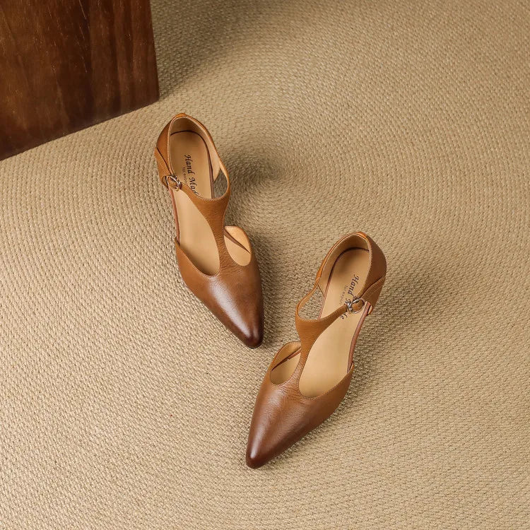Vivian | Women's T-Strap Mid Heel Pumps Pointed Toe Leather Heels - Image 3