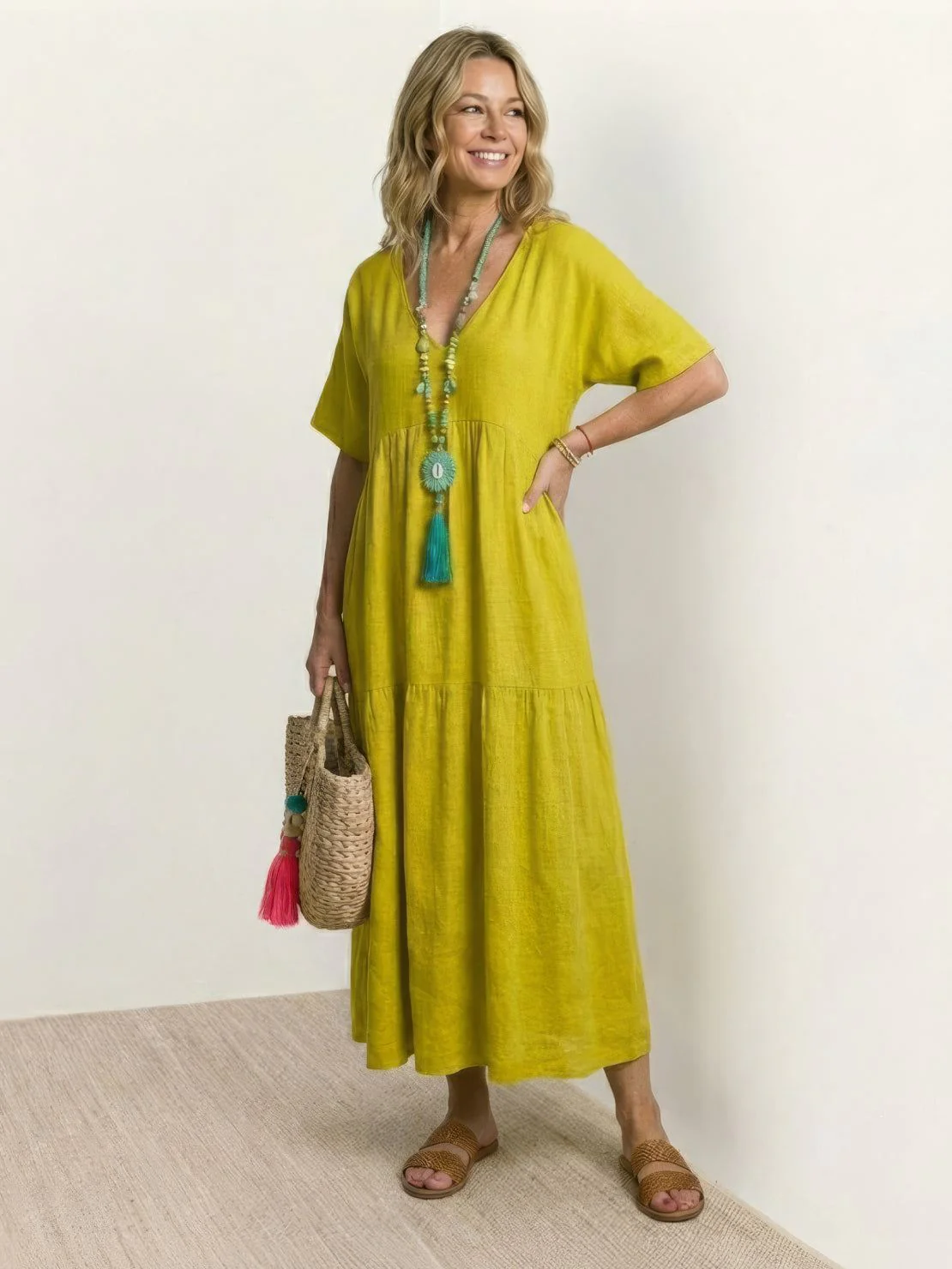 Willow | Women's V-Neck Tiered Maxi Dress Short Sleeve Swing - Image 36