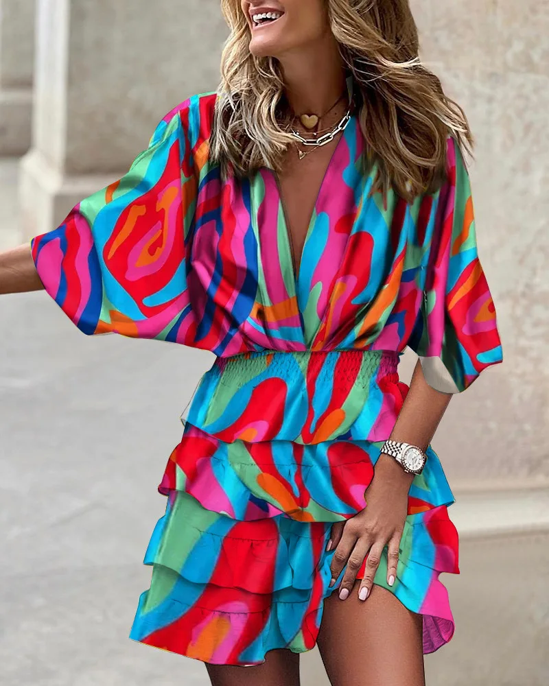Zara | Women's Printed Mini Dress with Batwing Sleeves & Ruffle Skirt - Image 5
