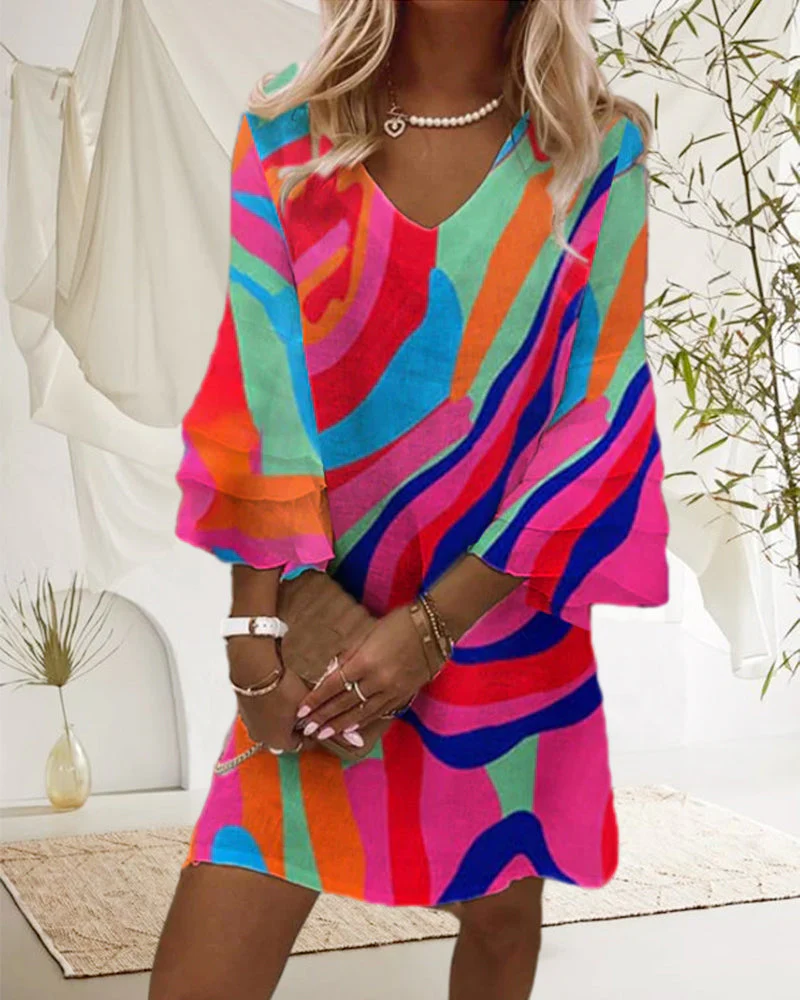 Zara | Women's V-Neck Bell Sleeve Multicolour Print Mini Dress - Image 3